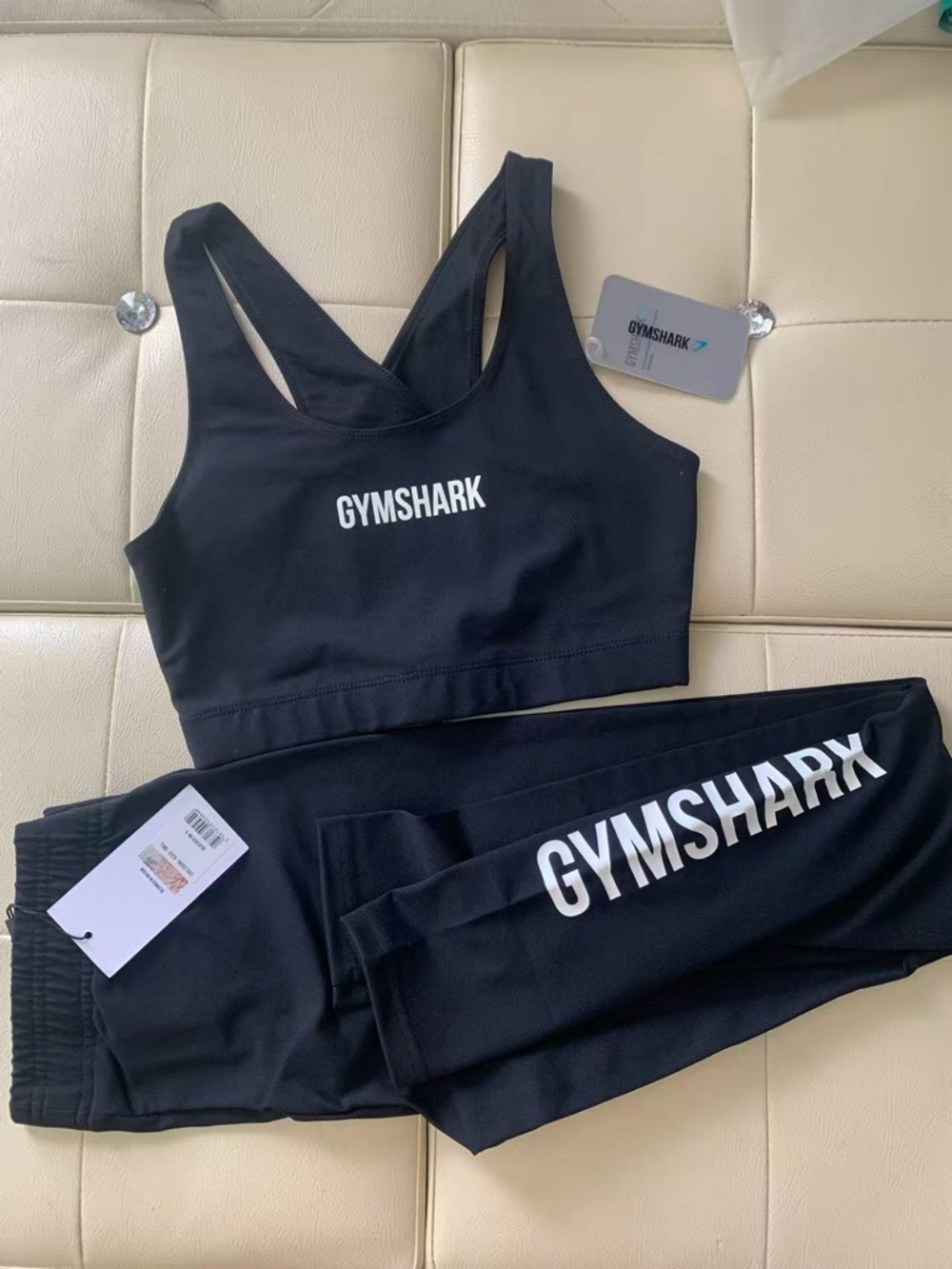 Gymshark Black Sports Bra and Leggings Set with White Logo